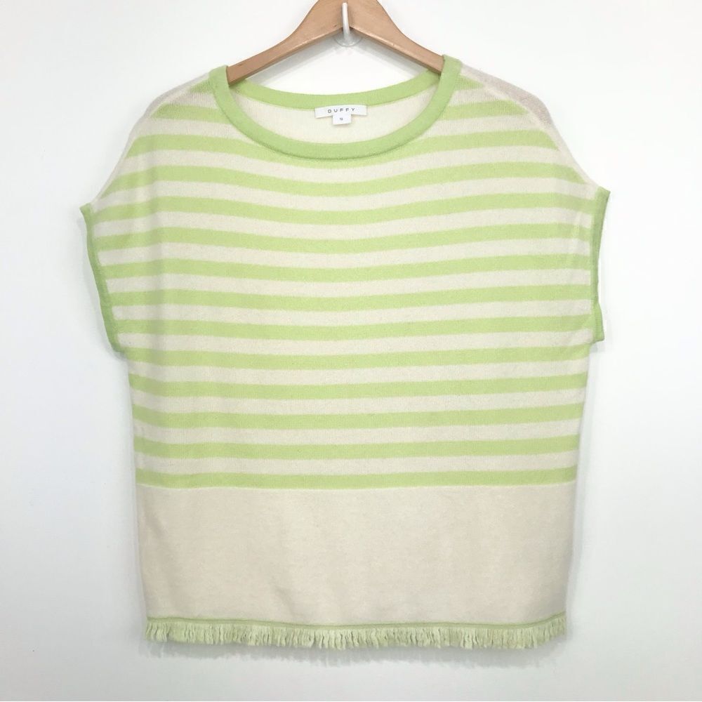 Duffy 100% Cashmere Lime Green White Striped Sleeveless Fringed Tunic Sweater